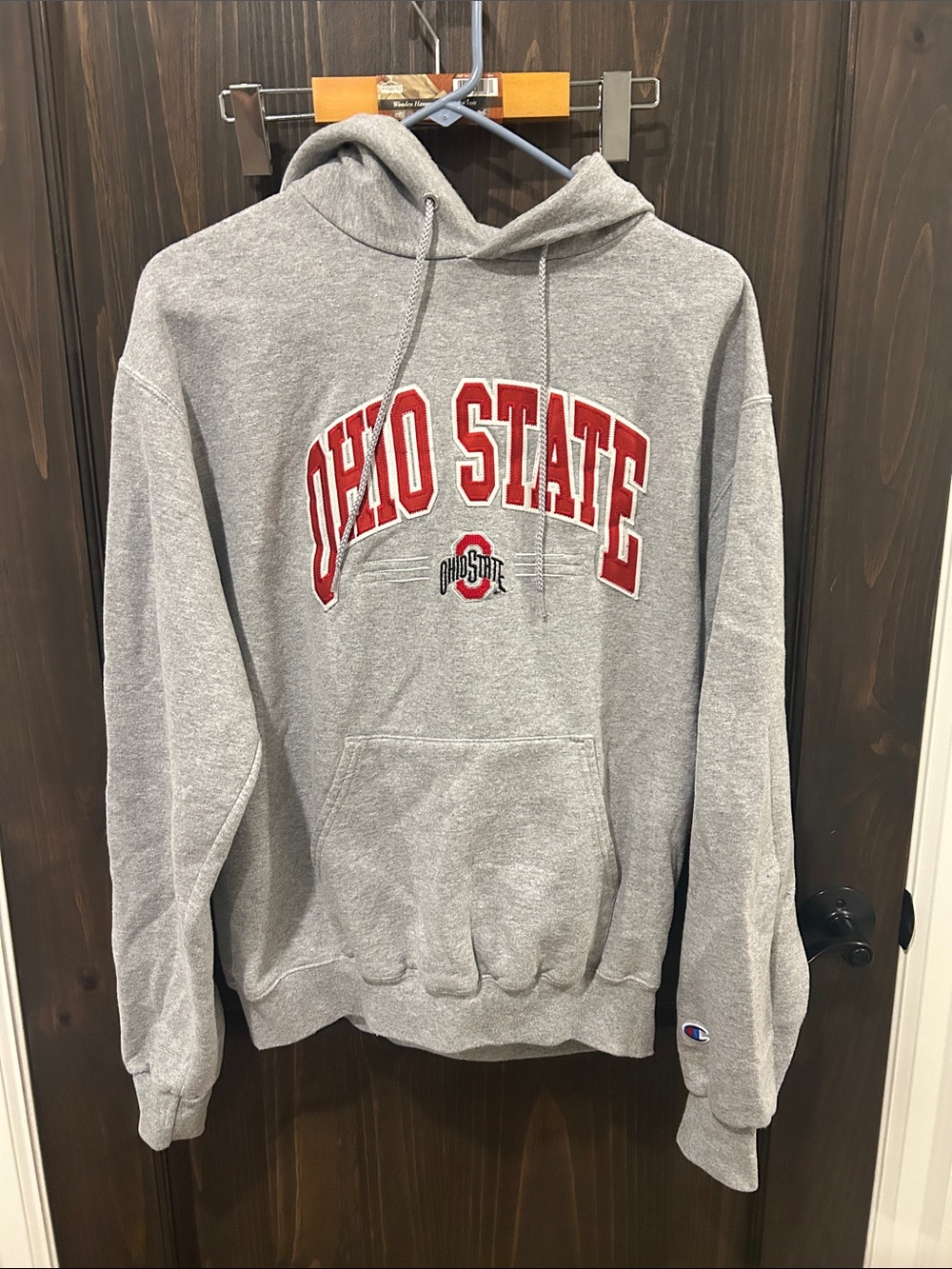 Champion Gray Ohio State Crewneck Hoodie with Red Logo